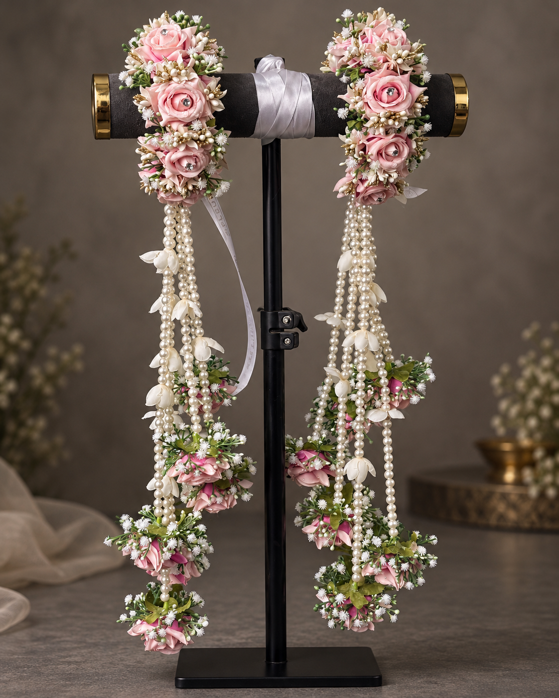 Blush peach Rose & Pearl Long Kaleera Gajra Pair