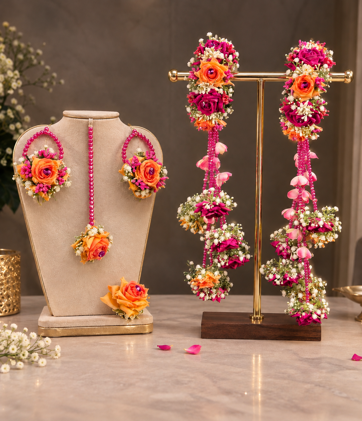 Gulabi Sunset – Peach & Fuchsia Bridal Floral Jewellery Set with Long Kaleeras