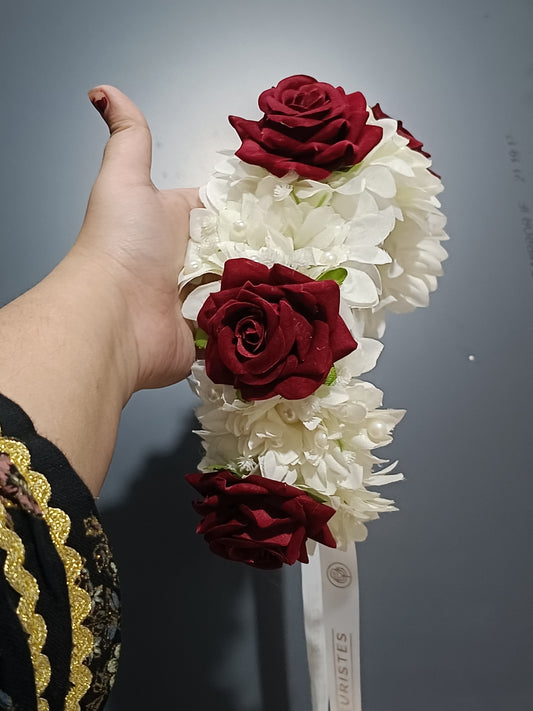 Red rose and white Chrysanthemum hair Bun