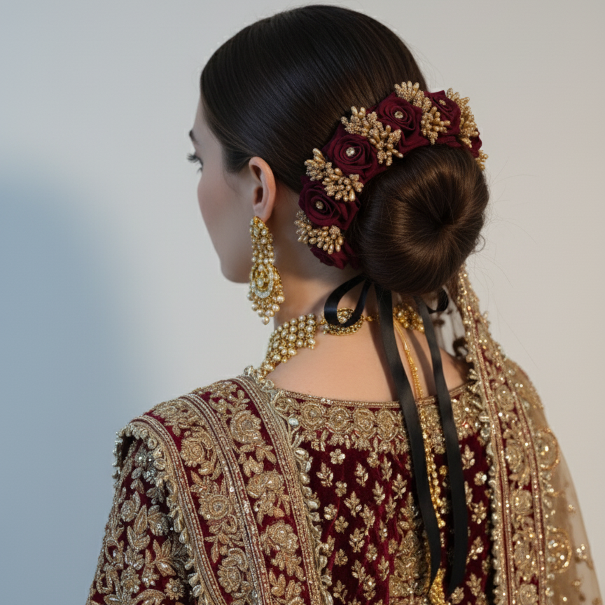 Woman in traditional maroon and gold embroidered outfit with intricate hairpiece, Hair Bun, Hair Gajra and jewelry.