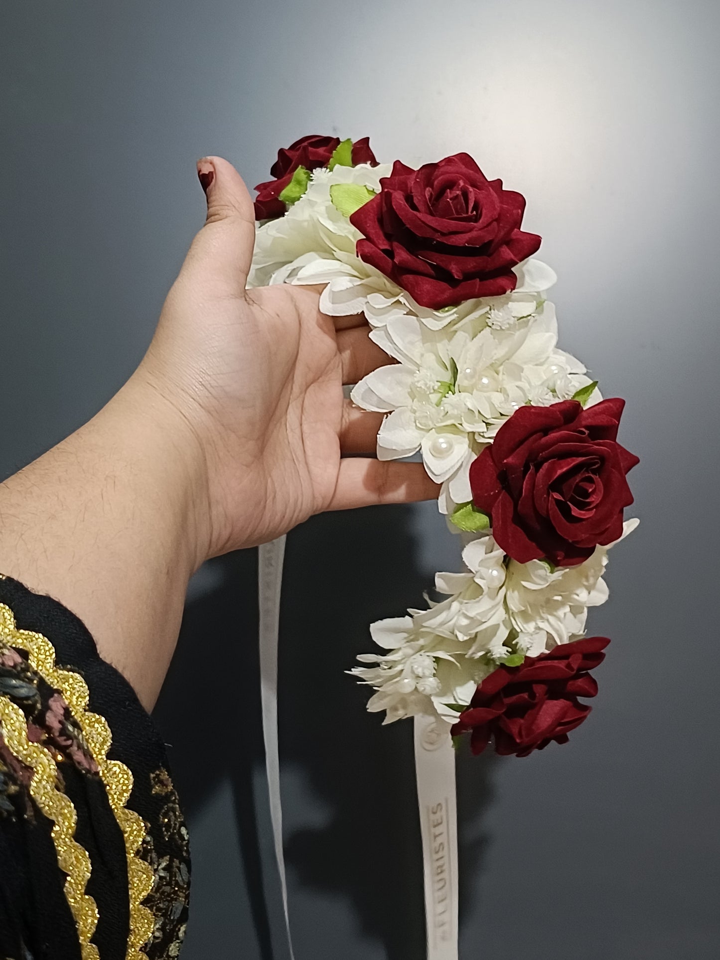Red rose and white Chrysanthemum hair Bun