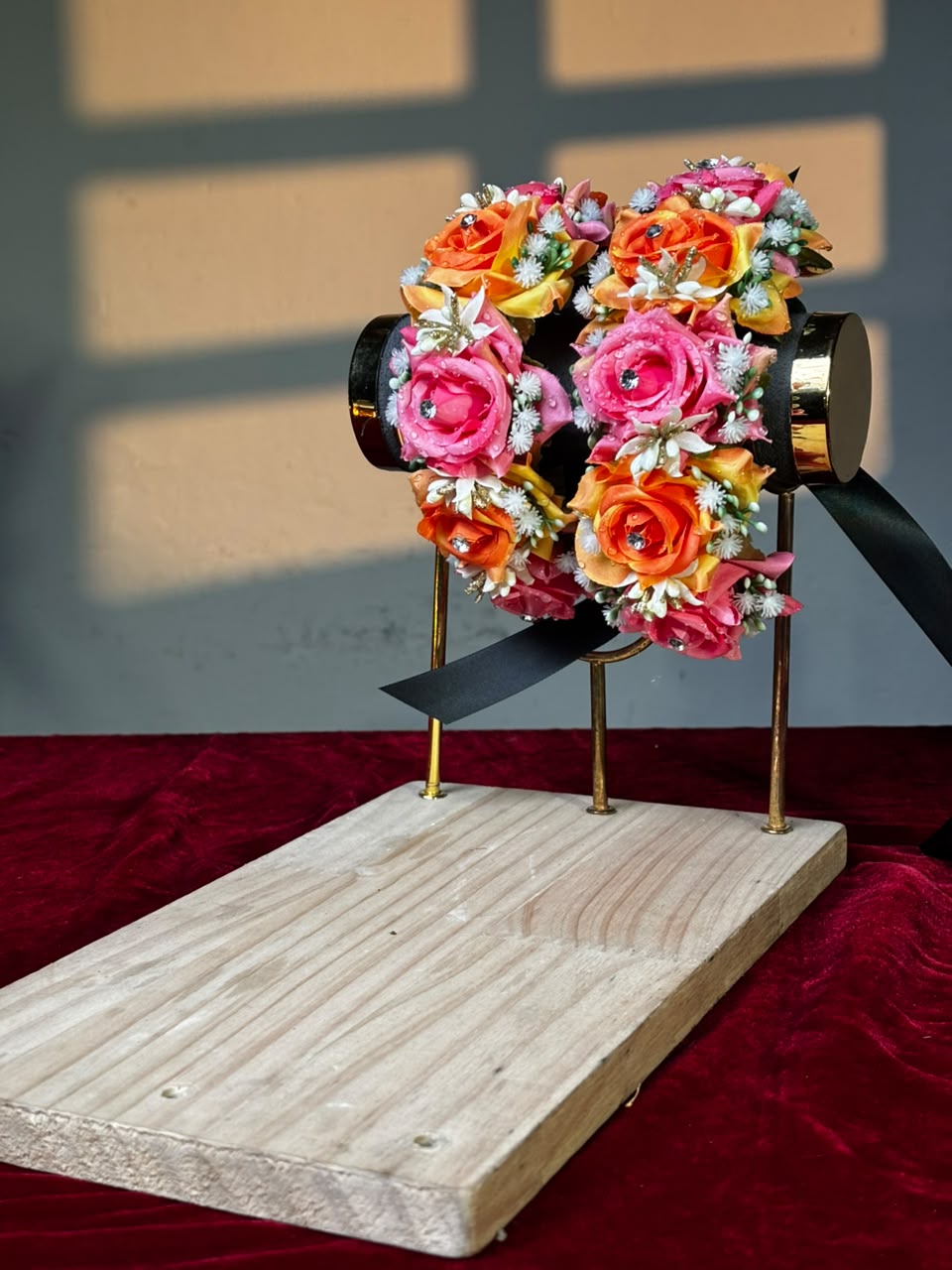 Saffron Blush orange and pink rose artificial gajra pair with crystals and baby's breath