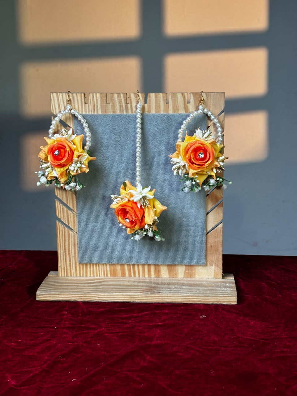 Saffron Rose orange and yellow floral earrings with pearl hoops and maang tikka for Haldi