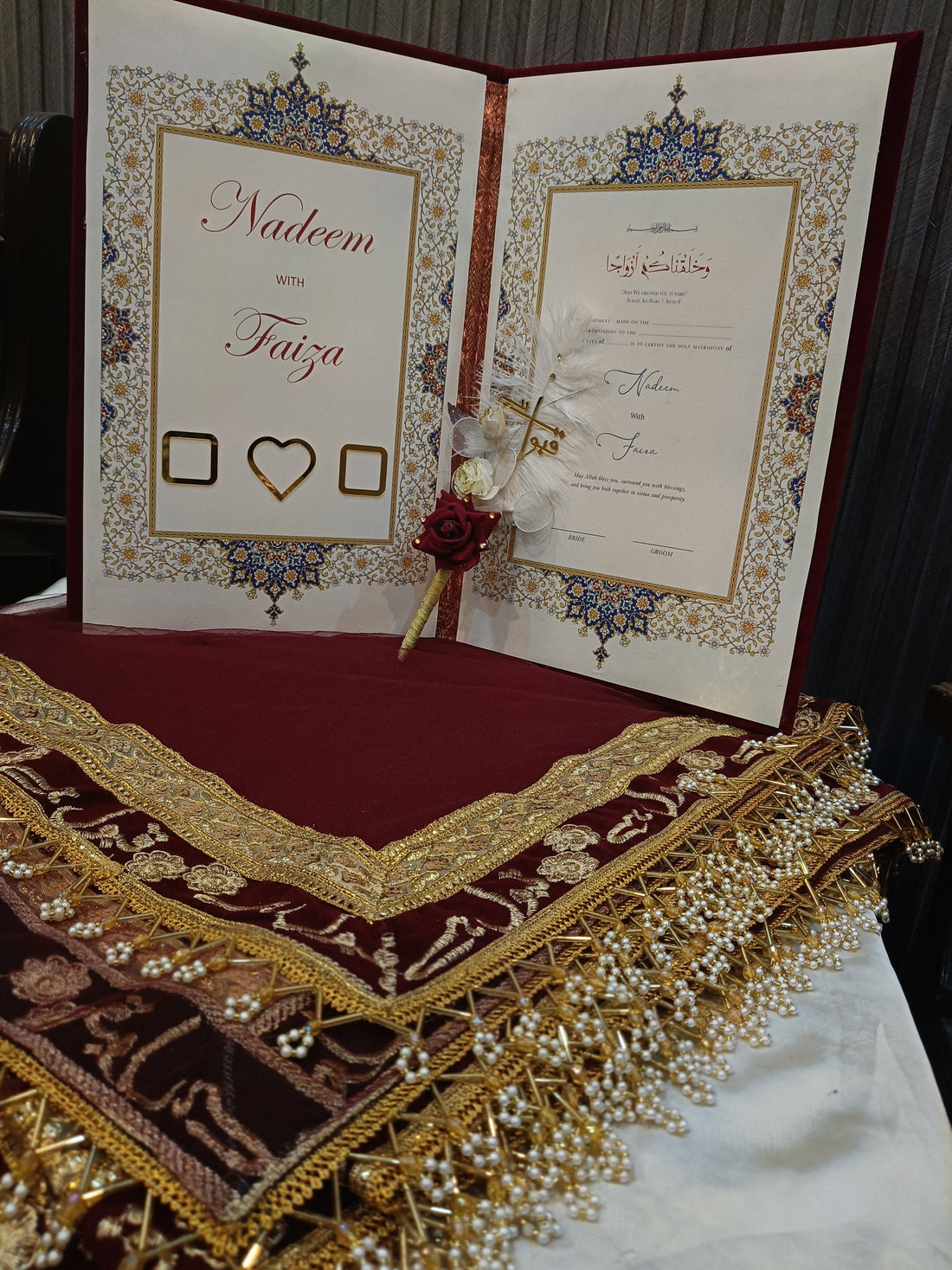 Nikkah Deal bundle with dupatta, certificate booklet and signature pen from De Fleuristes