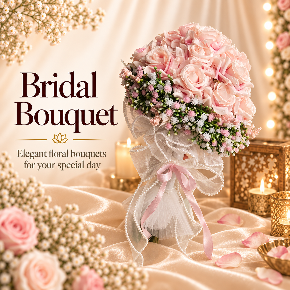 A hand holds a bouquet of light pink roses with green and purple filler flowers, tied with a sheer white ribbon and bow. The bouquet is photographed indoors on a table with a candle and tulips in the background.