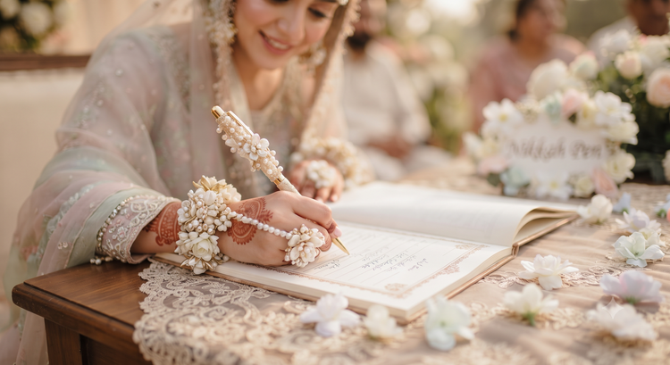 Close-up of a bride's hand wearing floral jewelry and kaleera gajra while signing the Nikkah Nama with a decorated luxury Nikkah pen at a de Fleuristes wedding ceremony.