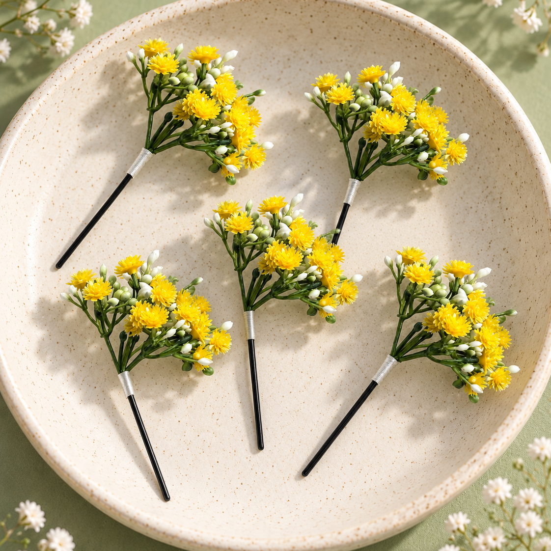 Made with artificial floral elements, this pin is a practical choice for brides, bridesmaids, sisters, friends, and wedding guests who want a neat floral accessory that can be styled easily. Its soft yellow tones make it especially suitable for daytime events and traditional yellow-themed functions.