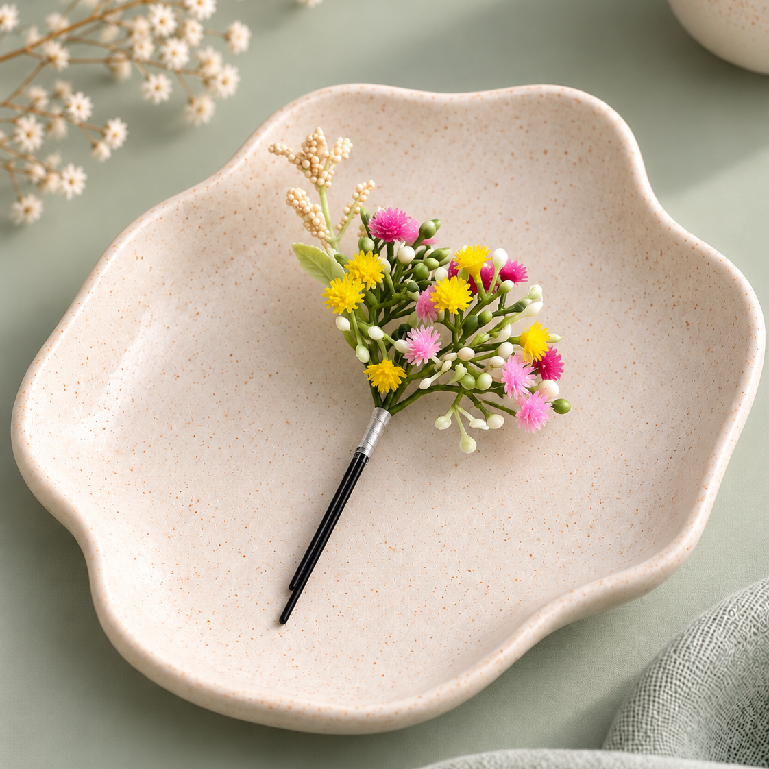 Close product view of a colourful artificial baby’s-breath hair pin featuring pink and yellow flowers, white buds, green stems and a slim black hair pin.

