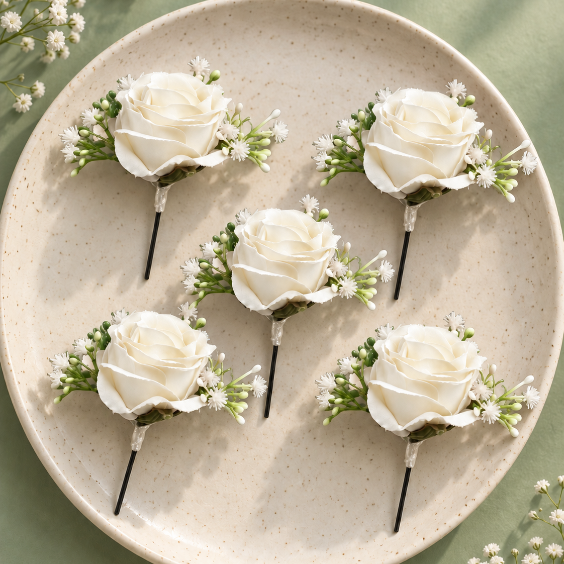 Premium artificial white floral hair pin with a realistic rose, soft white fillers and green detailing for bridal and festive hairstyles.