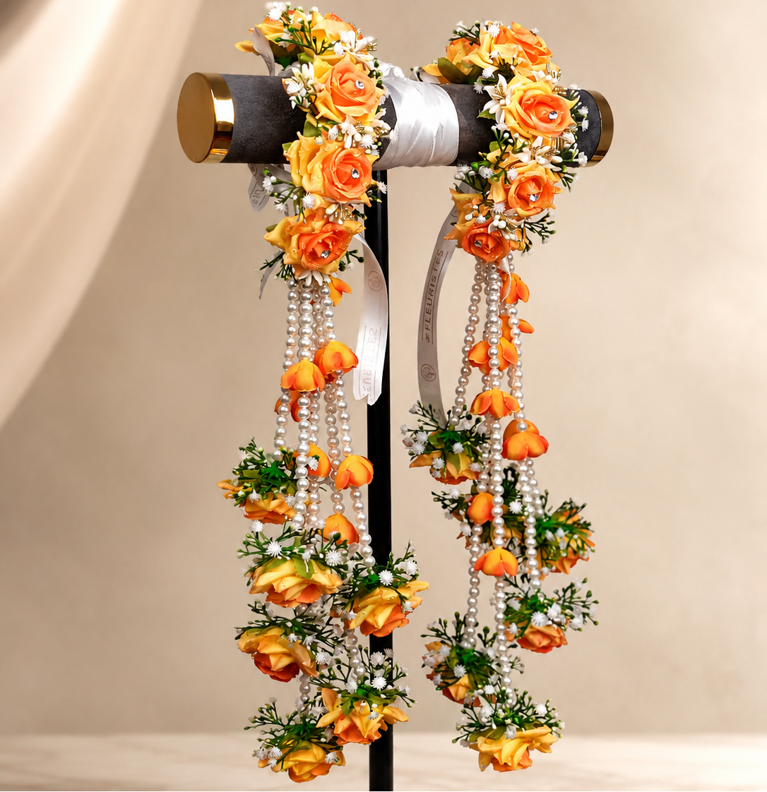 Sunset Mehndi – Yellow & Orange Floral Jewellery Set with Long Kaleera
