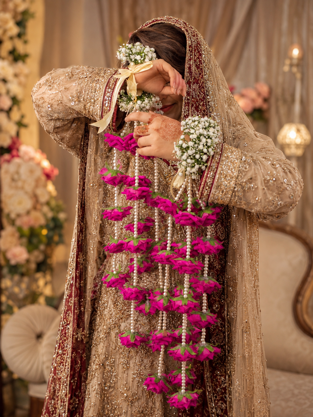  Statement pink floral kaleeras featuring multiple pearl strands and silk flower clusters for Mehndi, Mayon and bridal events.

