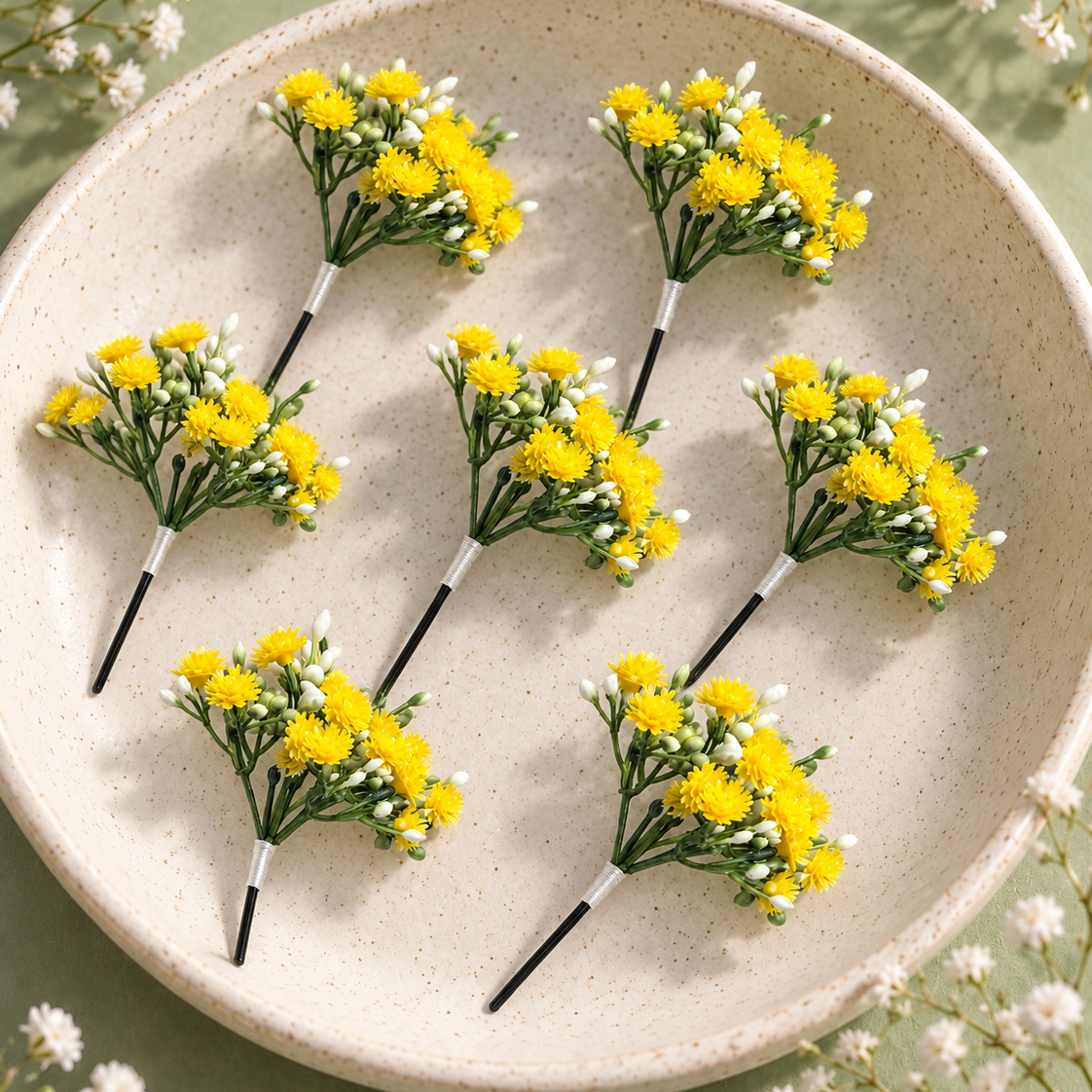 Six small artificial flower bouquets with yellow and white blossoms on black stems, arranged on a round speckled beige plate against a soft sage green background with white baby's breath flowers around the edges.