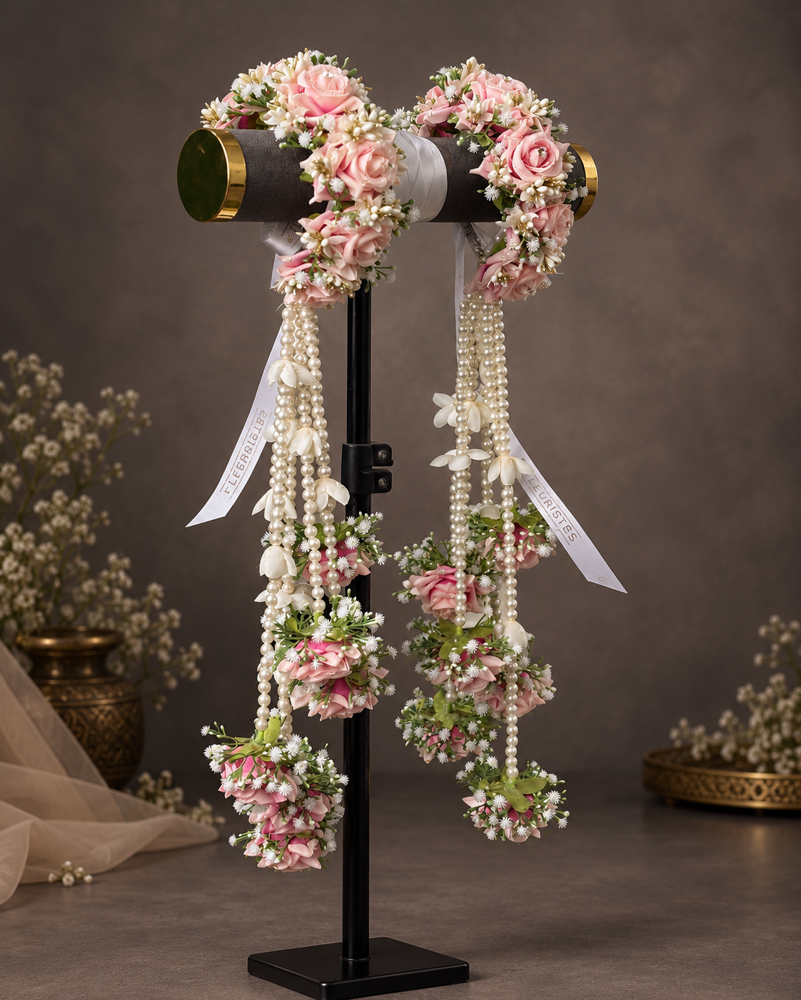 Blush peach Rose & Pearl Long Kaleera Gajra Pair