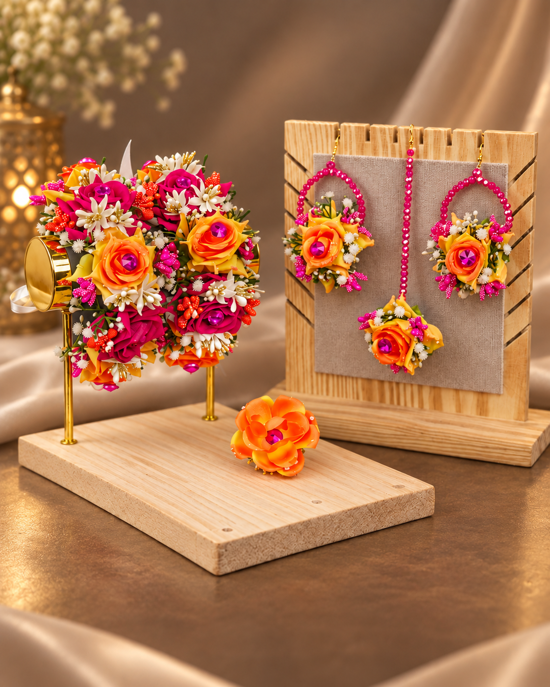 Dark-tone Dholki floral jewellery set by De Fleuristes