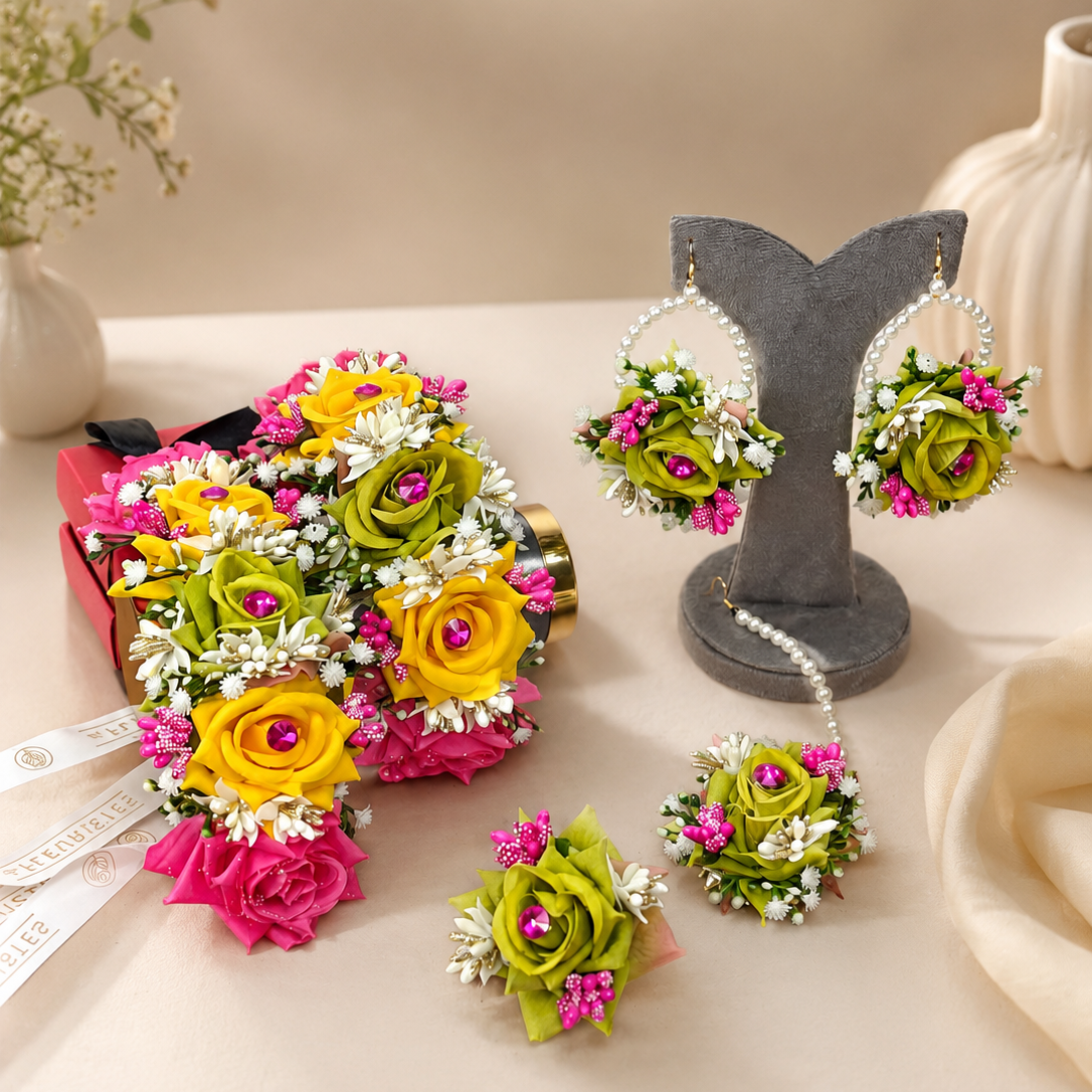 Vibrant bridal floral jewellery set in mehndi green, yellow and hot pink with pearl detailing, floral earrings, hand accessories and matching bouquet.
