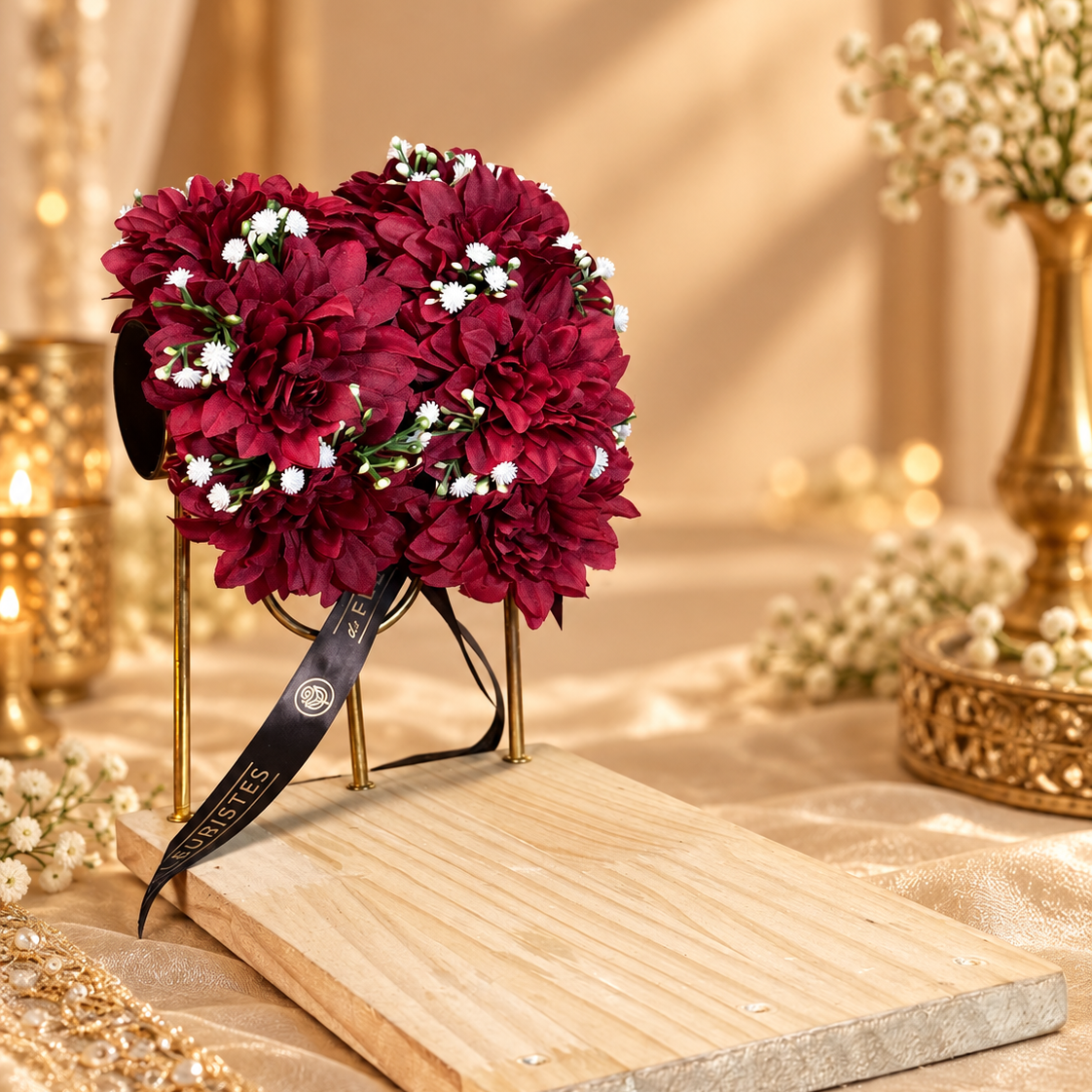 Elegant bridal gajra pair designed with layered maroon flowers, tiny white floral fillers, subtle greenery and pearl details for Nikkah, Mehndi, Dholki and traditional wedding looks.