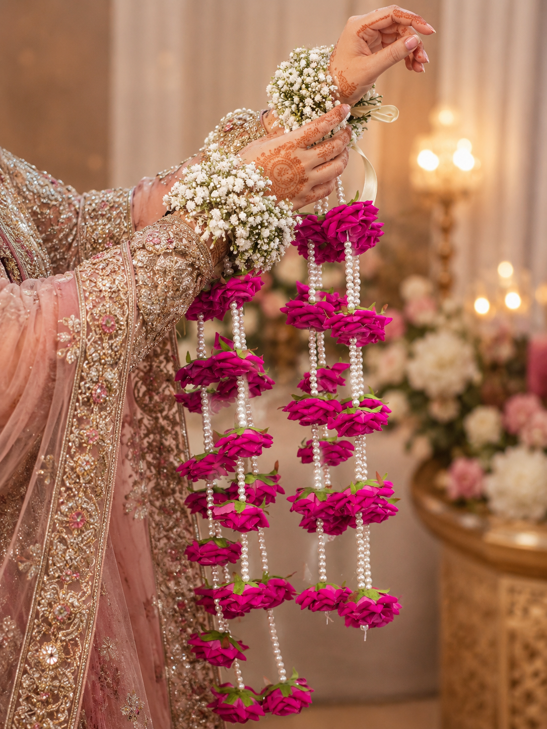 Long bridal floral kaleera pair in rich fuchsia pink with cascading white pearl strands and layered floral clusters by De Fleuristes.