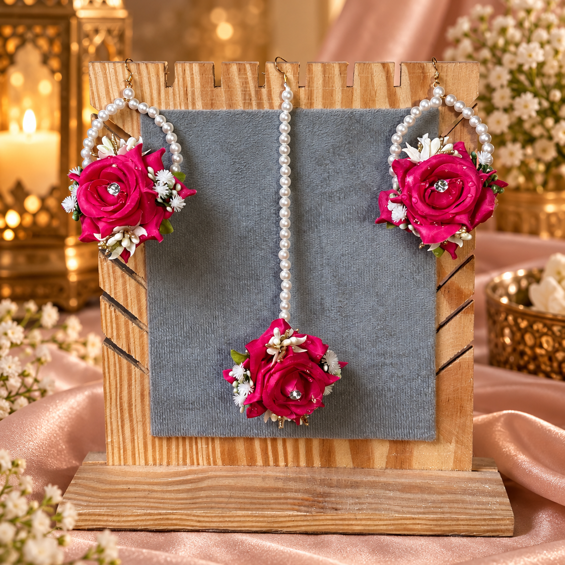 Complete Gul-e-Rani bridal floral jewellery set featuring vibrant pink rose flowers, delicate white fillers, pearl-loop earrings, matching tikka and coordinated floral gajras for Mehndi and Mayon celebrations.