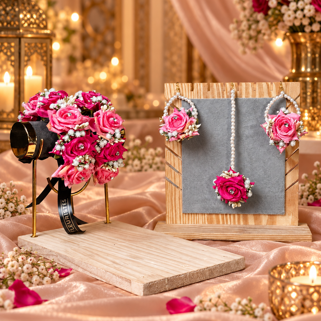 Complete Gulabi Adaa bridal floral jewellery set featuring layered pink roses, delicate white flower fillers, matching gajras, pearl-loop earrings and coordinating tikka for Pakistani Mehndi and Mayon celebrations.