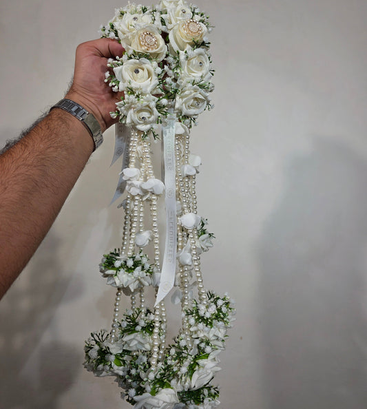De Fleuristes White Bloom premium long kaleera gajra pair for a traditional Nikkah bride.