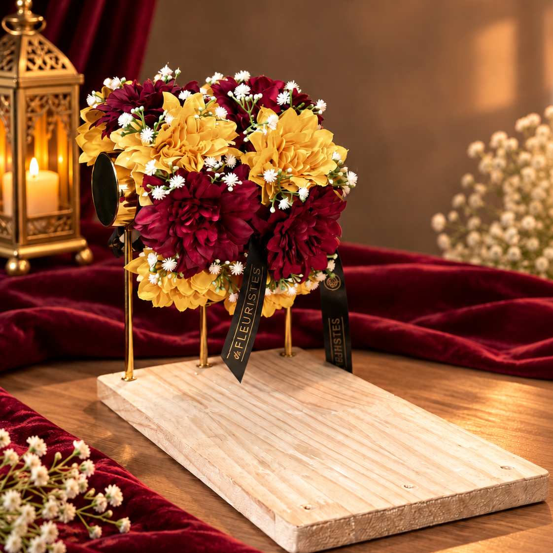 Colourful bridal gajra pair designed with layered maroon and yellow artificial flowers, tiny white fillers, greenery and pearl accents for traditional Pakistani Mehndi, Mayon and Dholki looks.