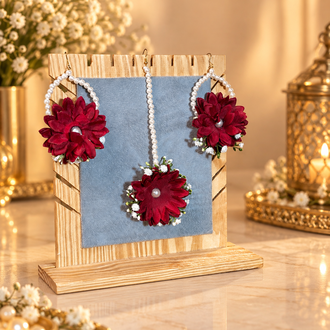 Matching maroon floral earrings and tikka finished with pearl loops, layered flower clusters and soft white accents, designed to complement Pakistani bridal and festive outfits.