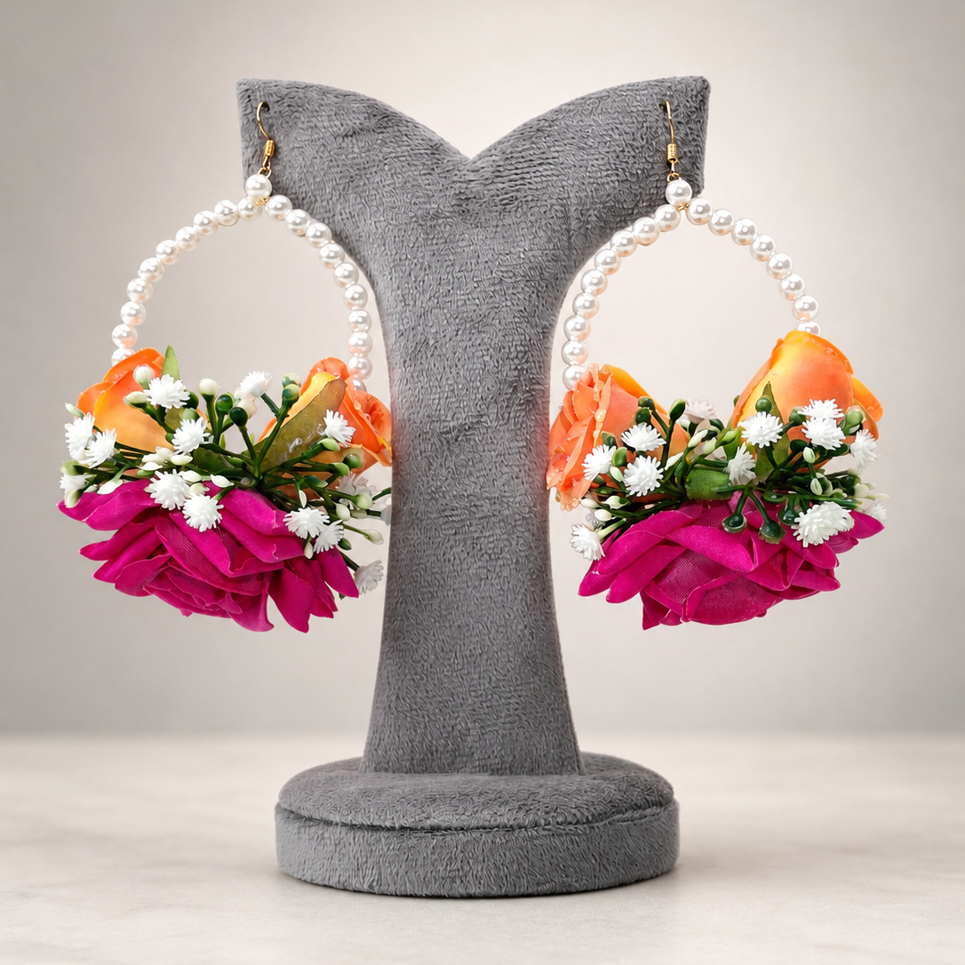 Handcrafted floral statement earrings with pearl hoops, layered roses, and baby’s breath, ideal for Mehndi, Haldi, Mayon, and Dholki events.