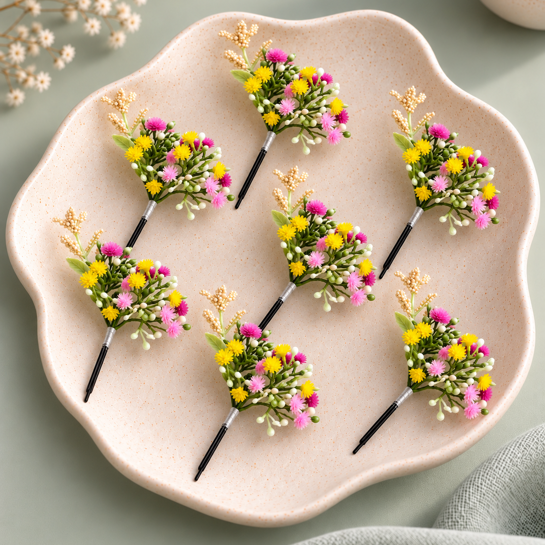 A single multicolour artificial floral hair pin featuring yellow and pink baby’s-breath style flowers, white buds, green stems and a black pin displayed in a cream ceramic dish.