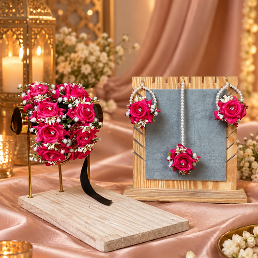 Shop Gul-e-Rani pink floral jewellery set with gajra pair, pearl earrings and tikka. Perfect for Mehndi, Mayon & bridal events. Custom colours available.