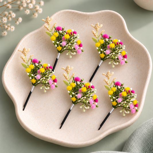 Colourful artificial hair pin with pink and yellow miniature flowers, white buds and green foliage styled as a lightweight wedding hair accessory.
