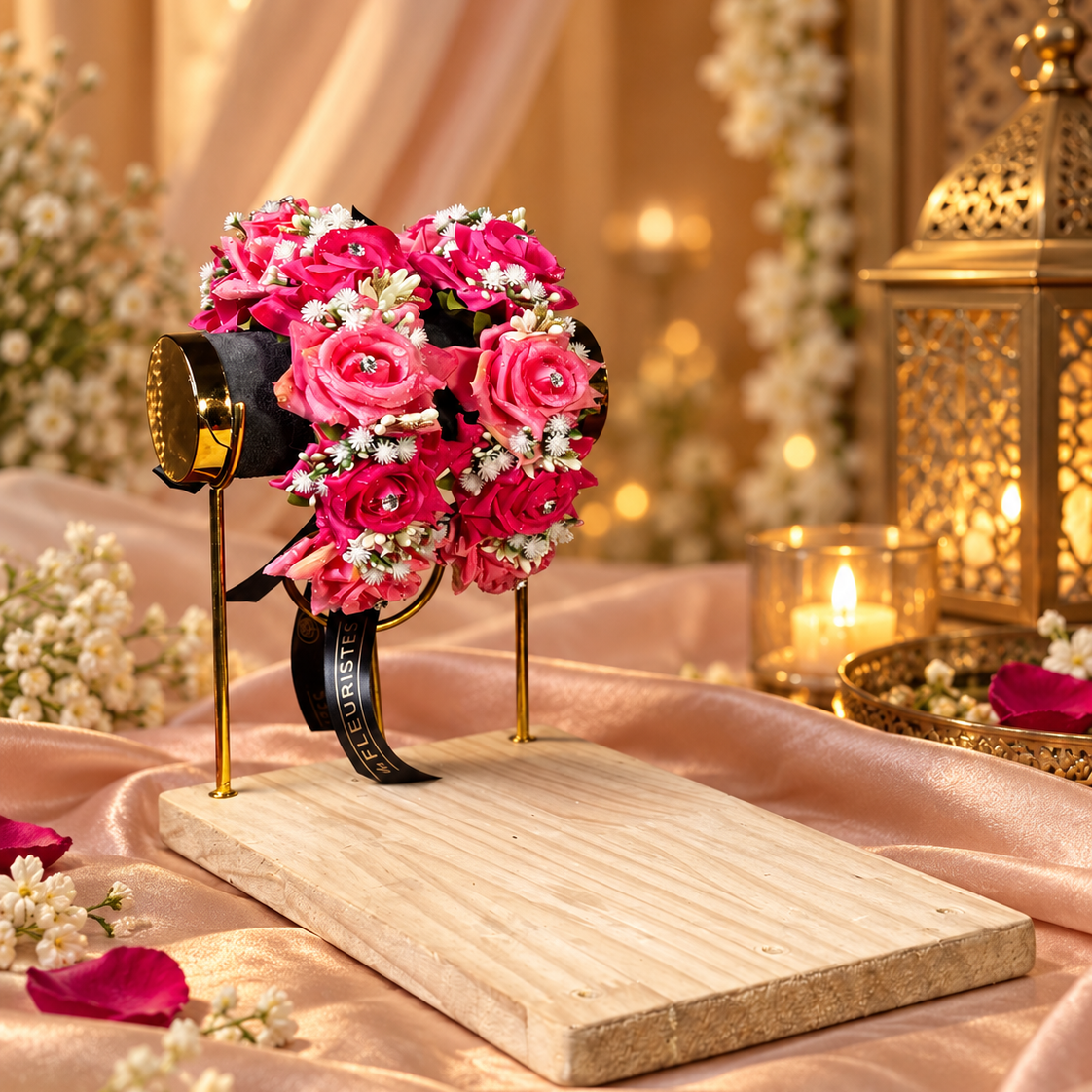 Full floral gajra pair designed with soft and deep pink artificial roses, tiny white flowers, subtle greenery and crystal accents, giving Pakistani brides a colourful yet elegant Mehndi or Mayon hand accessory.