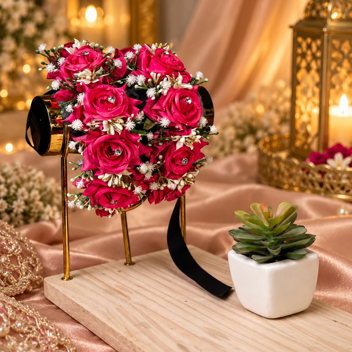 Statement pink bridal gajra pair designed with layered artificial roses, tiny white floral accents, greenery and sparkling details, ideal for Pakistani Mehndi, Mayon and Dholki looks.