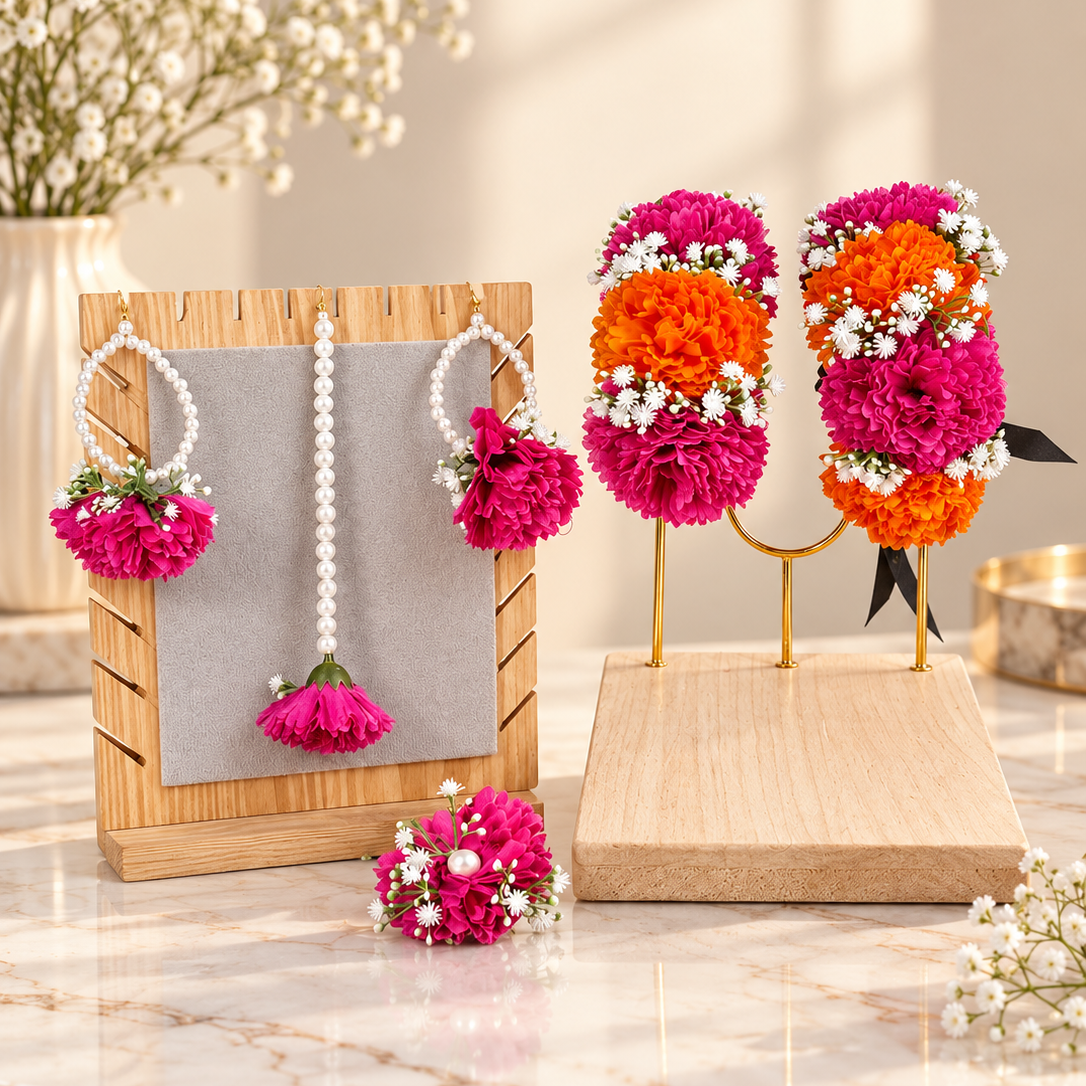 Close product display of a vibrant artificial floral jewellery set designed for Mehndi, Mayun and Dholki wedding looks.