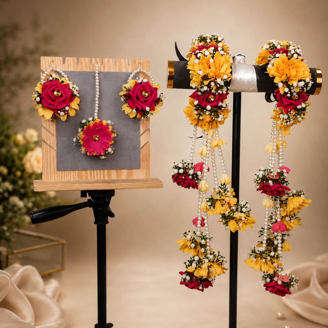 Handcrafted Rang-e-Mehndi long floral kaleera pair with vibrant yellow and fuchsia flowers, pearl hangings and detailed bridal floral work.