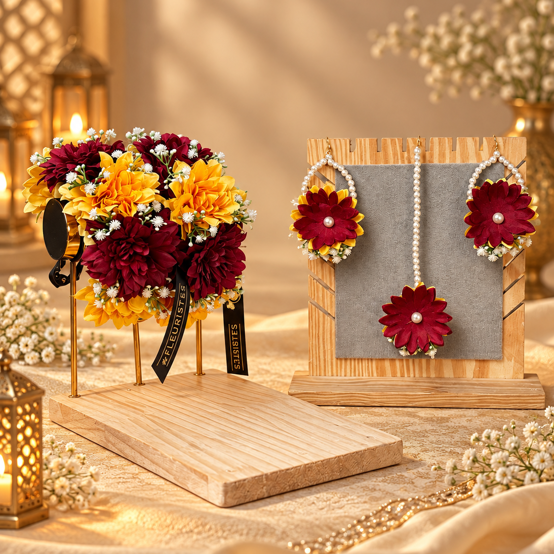 Complete Rang-e-Mehndi bridal floral jewellery set featuring deep maroon and warm yellow flowers, matching gajras, pearl-loop earrings and floral tikka for Pakistani Mehndi and Mayon celebrations.