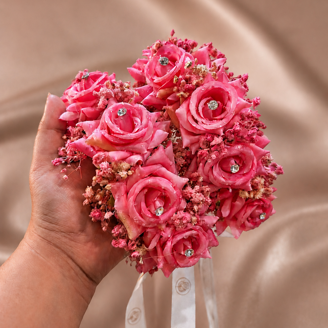 Pink bridal floral gajra pair handcrafted with premium water-drop silk roses, original dried baby’s breath and crystal accents.