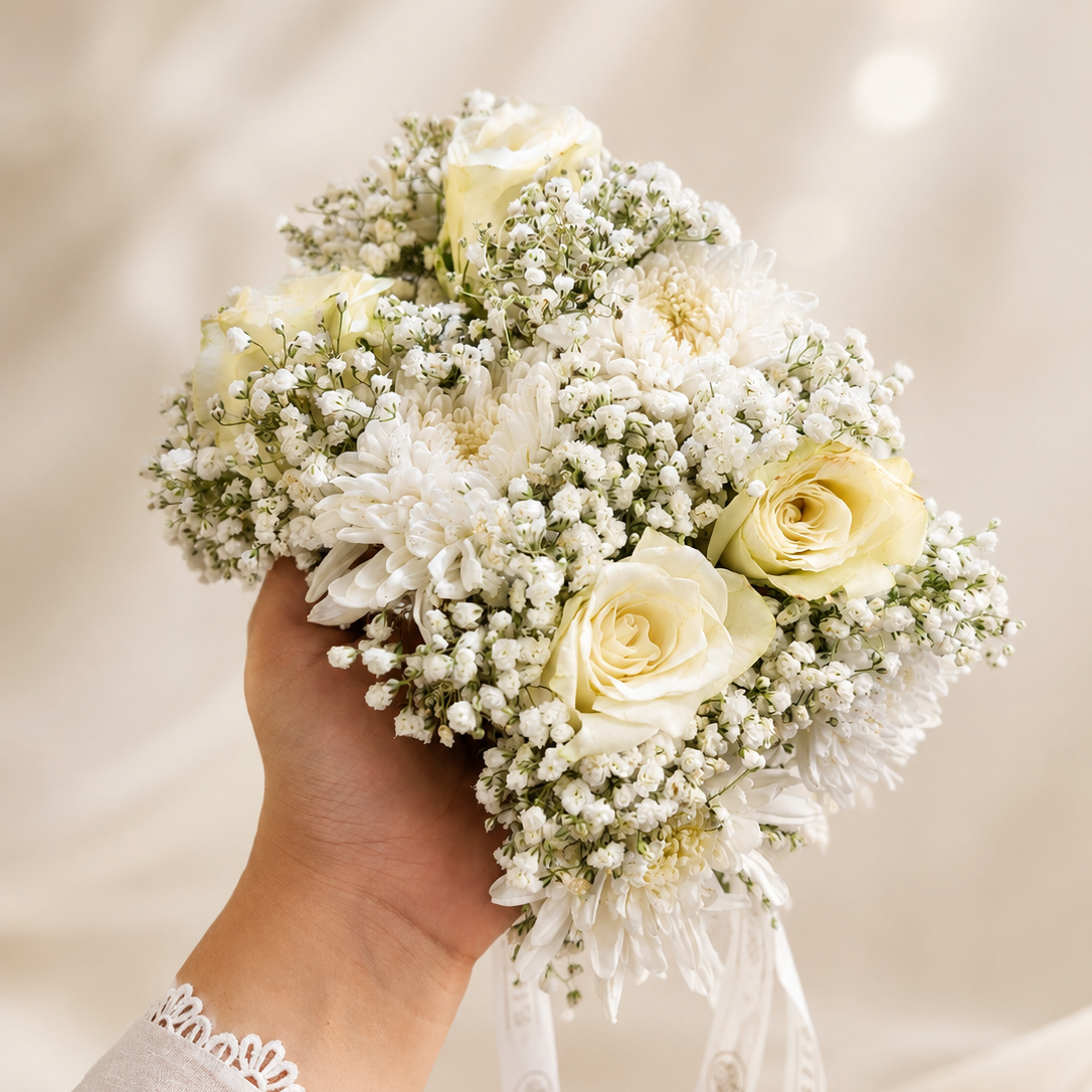 Handcrafted white fresh flower gajra pair made with chrysanthemums, imported white roses and baby’s breath by De Fleuristes.