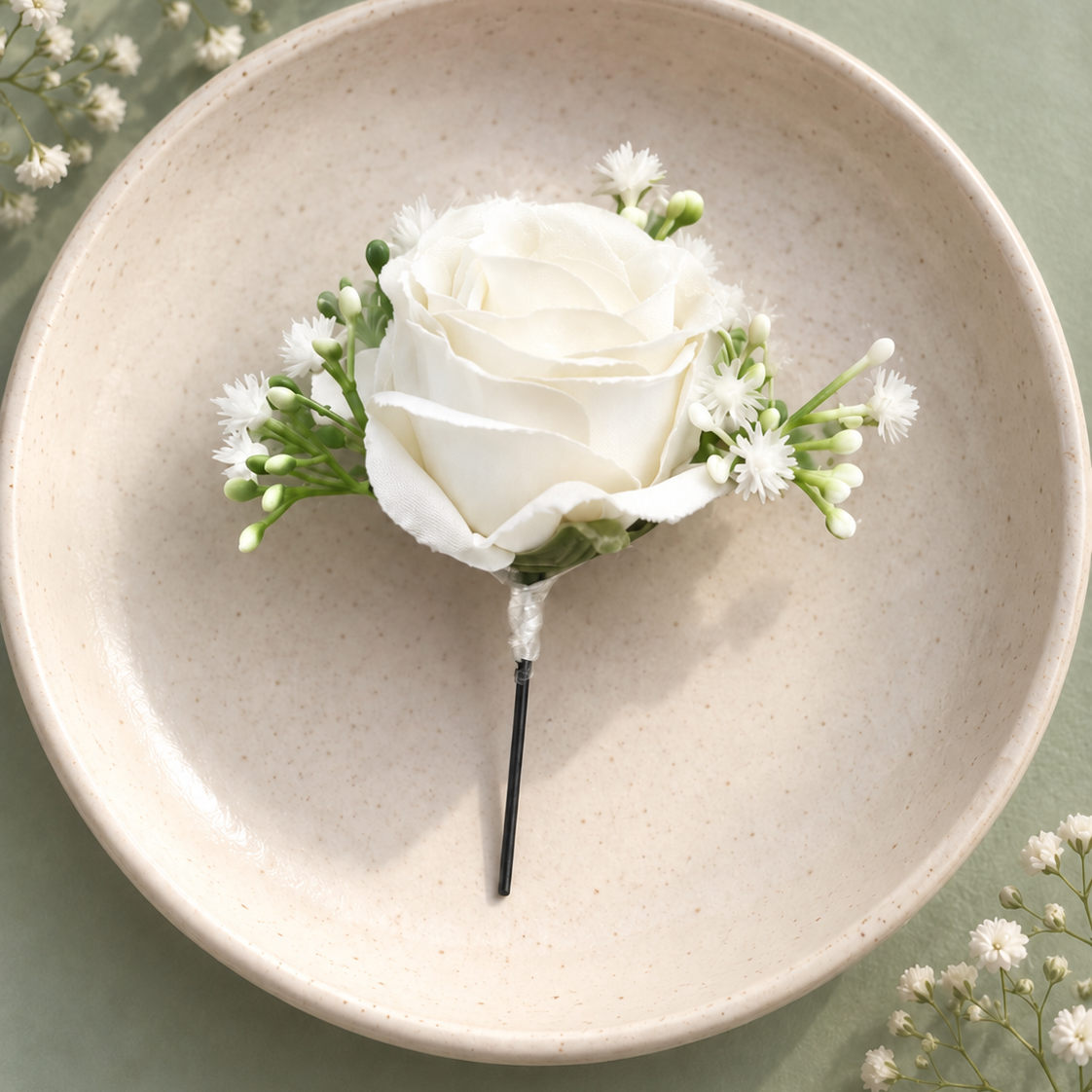 Single white artificial rose hair pin featuring delicate white baby’s-breath flowers, green buds and a slim black pin displayed in a cream ceramic dish.