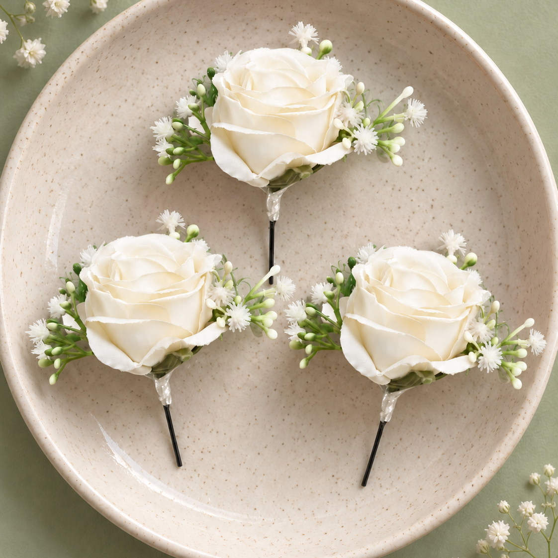 Elegant white rose floral hair accessory designed for bridal buns, Nikah hairstyles, braids and formal wedding looks.