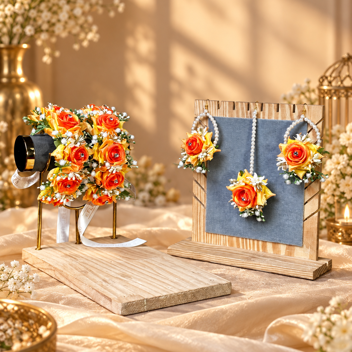 A styled product display featuring a pair of floral earrings with orange and yellow roses, white pearls, and green leaves on a gray card, alongside a matching floral bouquet on a stand, set against a warm, sunlit background with baby's breath flowers.