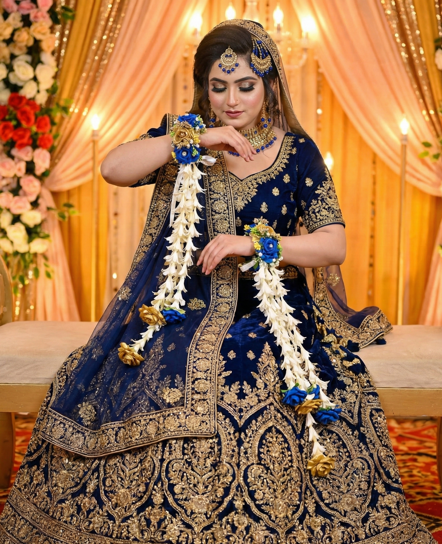 lue and Gold Majesty bridal floral jewelry set featuring premium royal blue artificial flowers and gold accents by De Fleuristes.