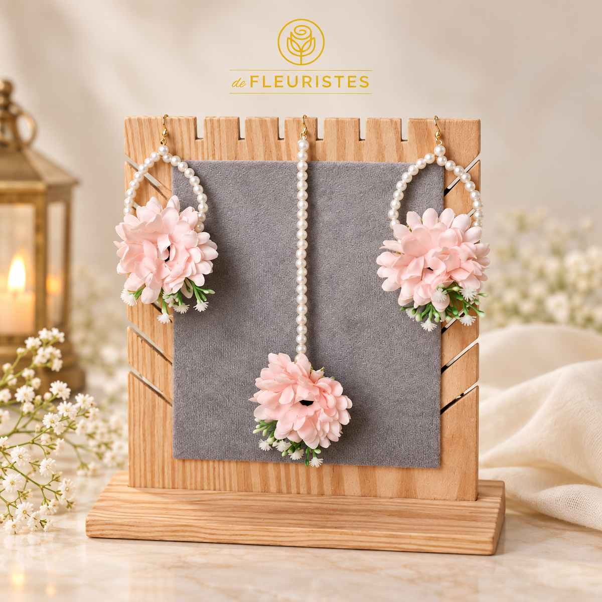 Blush pink floral earrings and tikka set with pearls for Pakistani brides