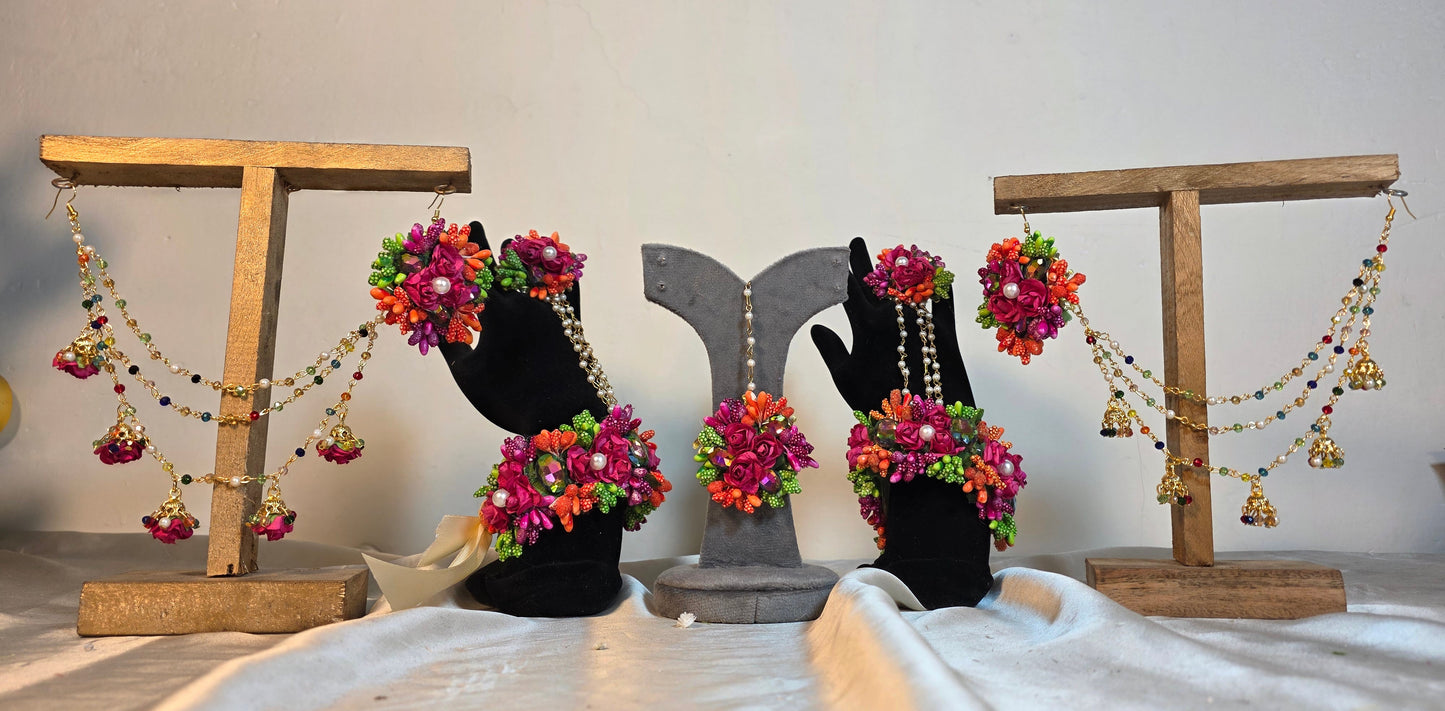 Colour Bloom full bridal floral jewelry set featuring vibrant multi-colored artificial flowers and dried accents by De Fleuristes.
