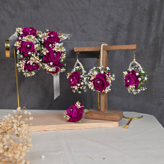 Dark Sun bridal floral jewelry set featuring premium deep-toned artificial flowers and warm dried accents by De Fleuristes.