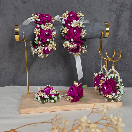 Close-up shot of the intricate artificial focal flowers and preserved dried botanicals on the Dark Sun jewelry set.