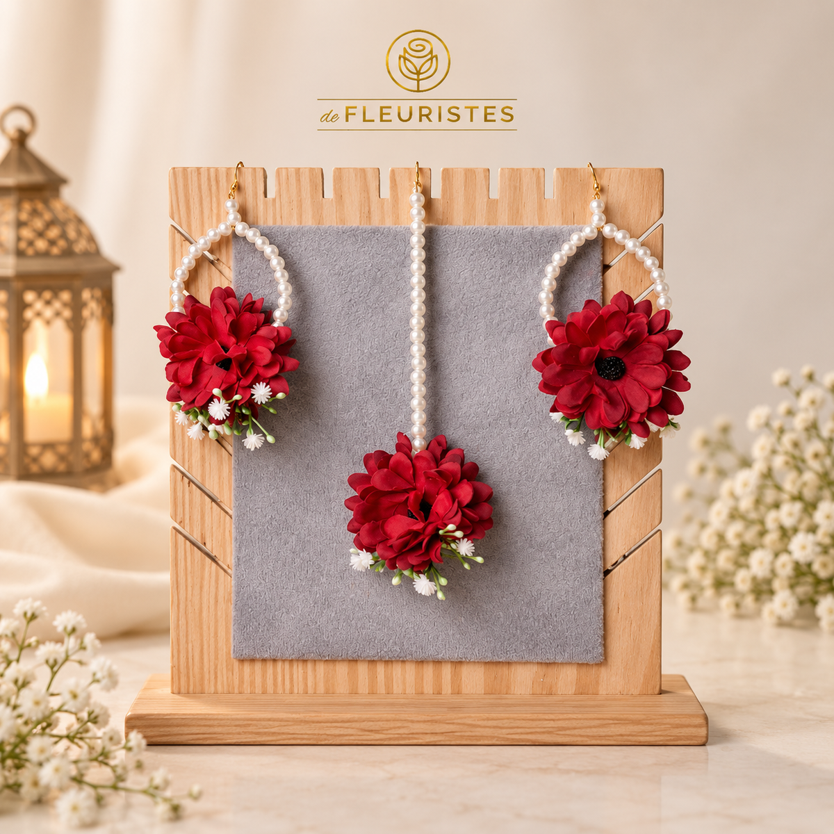 Deep red floral earrings and tikka set with pearls for bridal functions