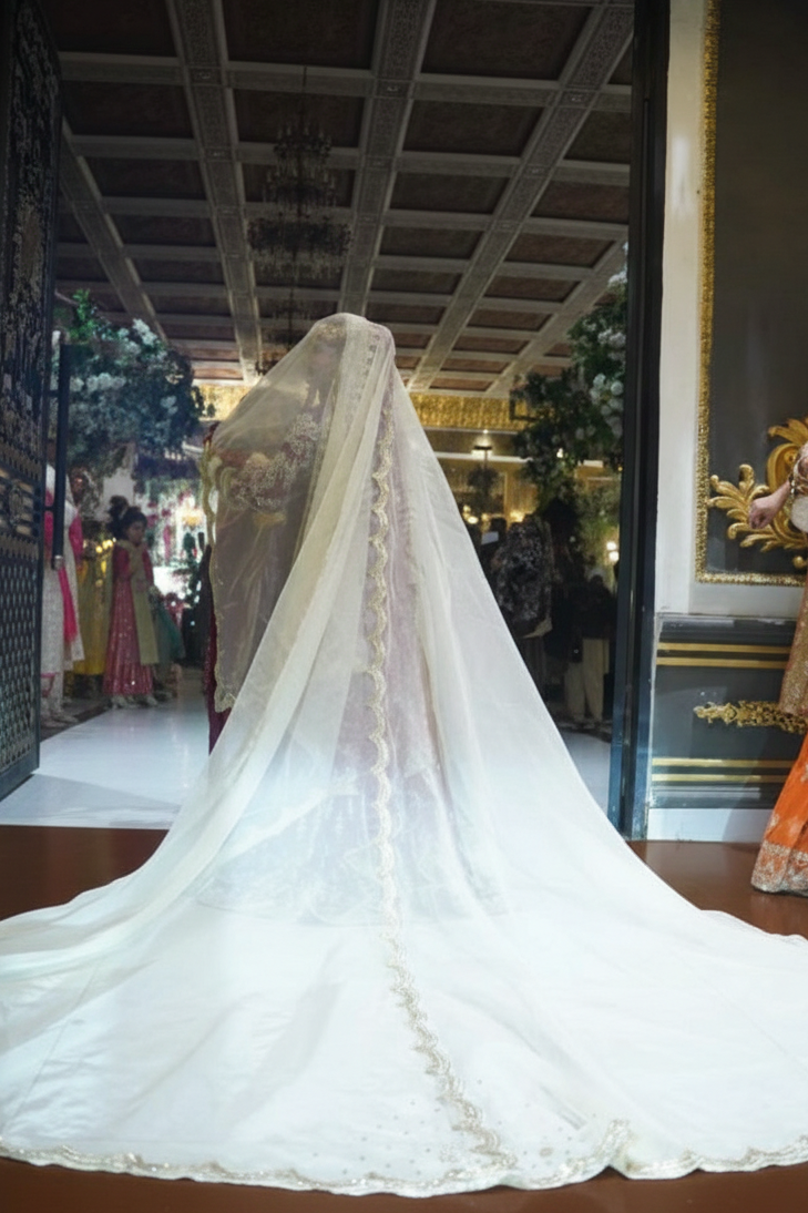 Premium dreamy veil and elegant white nikkah dupatta for a traditional pakistani bride.