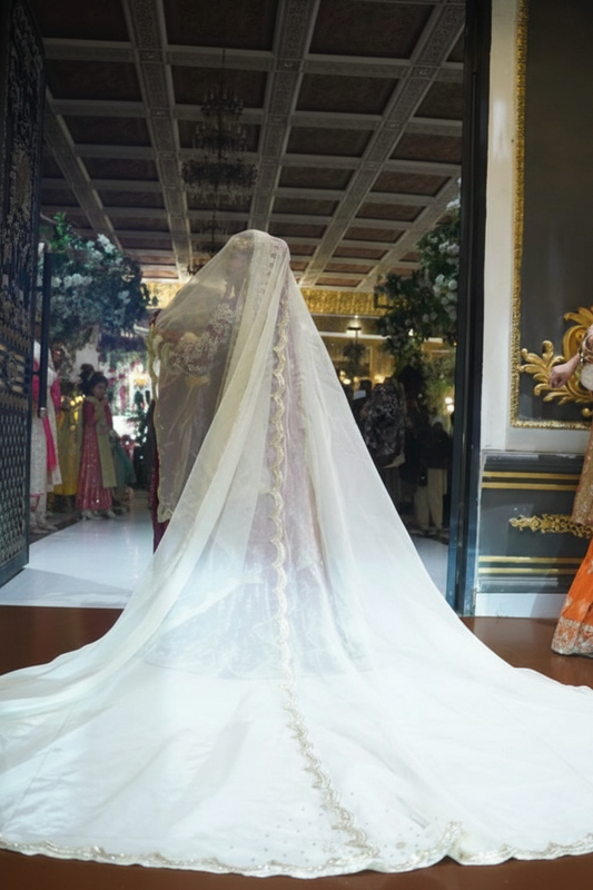 Premium dreamy veil and elegant white nikkah dupatta for a traditional pakistani bride.