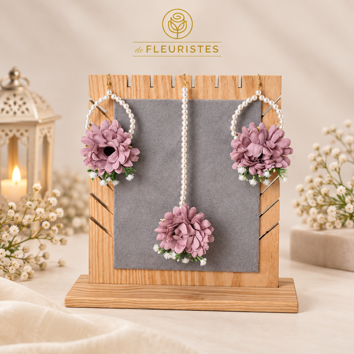 Dusty mauve floral earrings and pearl tikka for elegant wedding styling