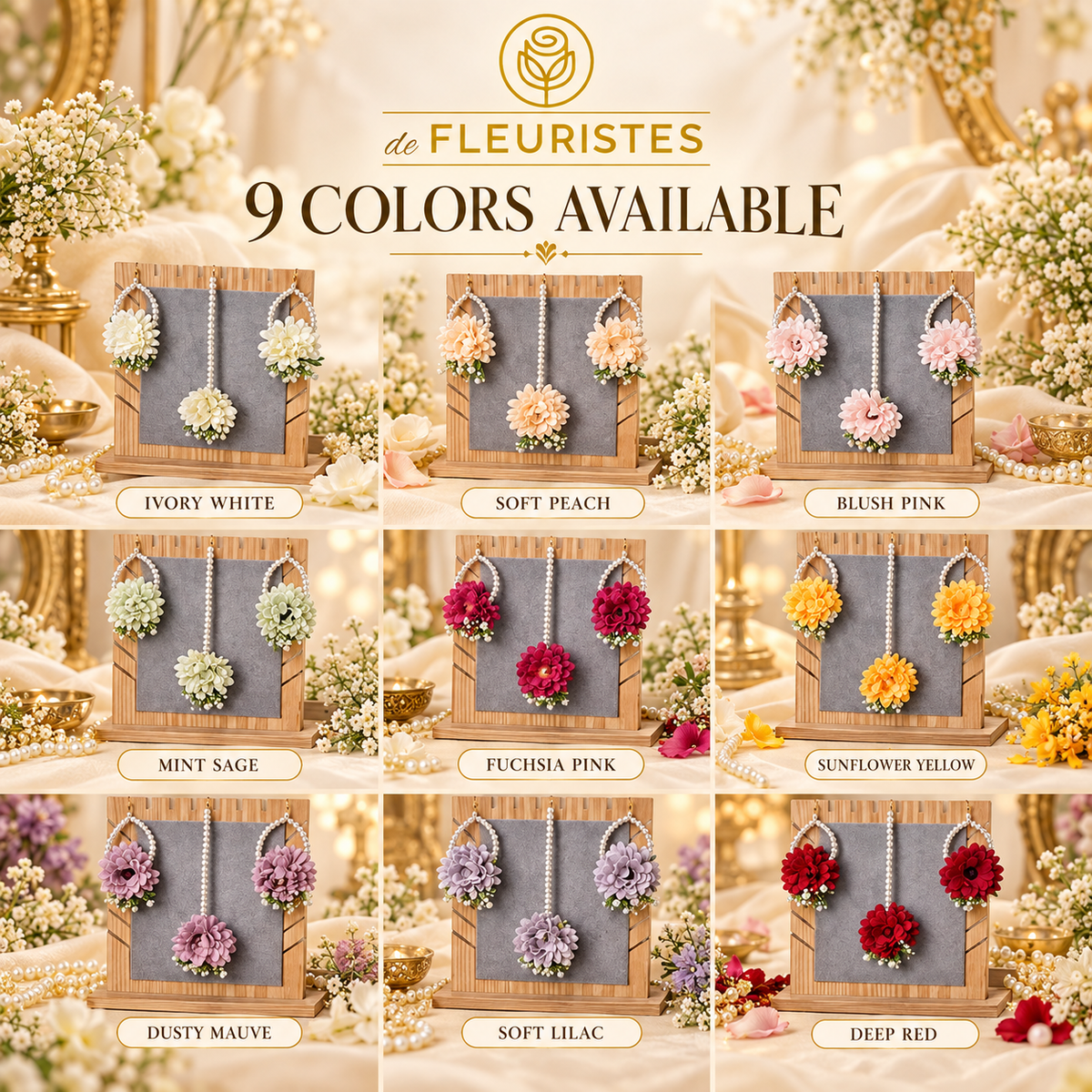 Pearl hoop floral earrings and tikka set, available in 9 colours